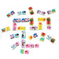 Eeboo's Little Farm Head to Toe Dominoes showcase colorful tiles featuring animals, trees, and flowers arranged in a winding path with extra pieces scattered on a white background, creating a delightful barnyard puzzle that's perfect as a kids’ travel toy.