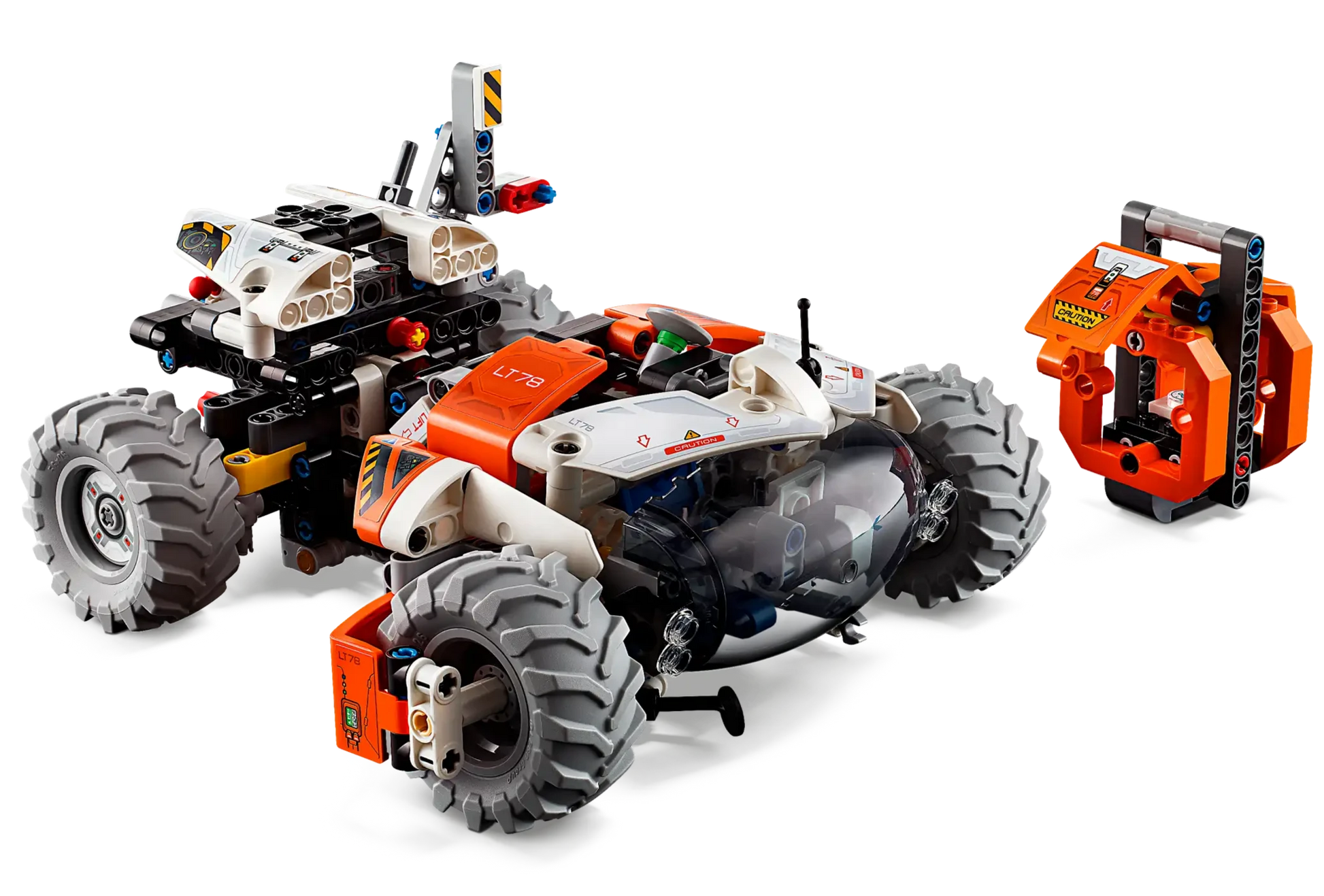 The LEGO® Technic™ Surface Space Loader from Legos - Toyhouse features a detailed rover model with large wheels, presented in an orange, black, and white color scheme, accompanied by a small orange companion piece—ideal for interplanetary exploration.