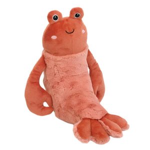 The Mon Ami Da Pinchi Lobster is an ultra-plush stuffed animal shaped like a lobster, featuring a smiling face, two round eyes on top, and soft, textured orange-pink fabric.