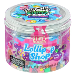 The "Lollipop Shop" vibrant plastic jar provides fluffy slime embedded with small charms, making it an enjoyable item in the Crazy Aarons Slime Charmers collection by Crazy Aarons. With textured mixers for added entertainment, it includes a choking hazard warning prominently displayed on the front.