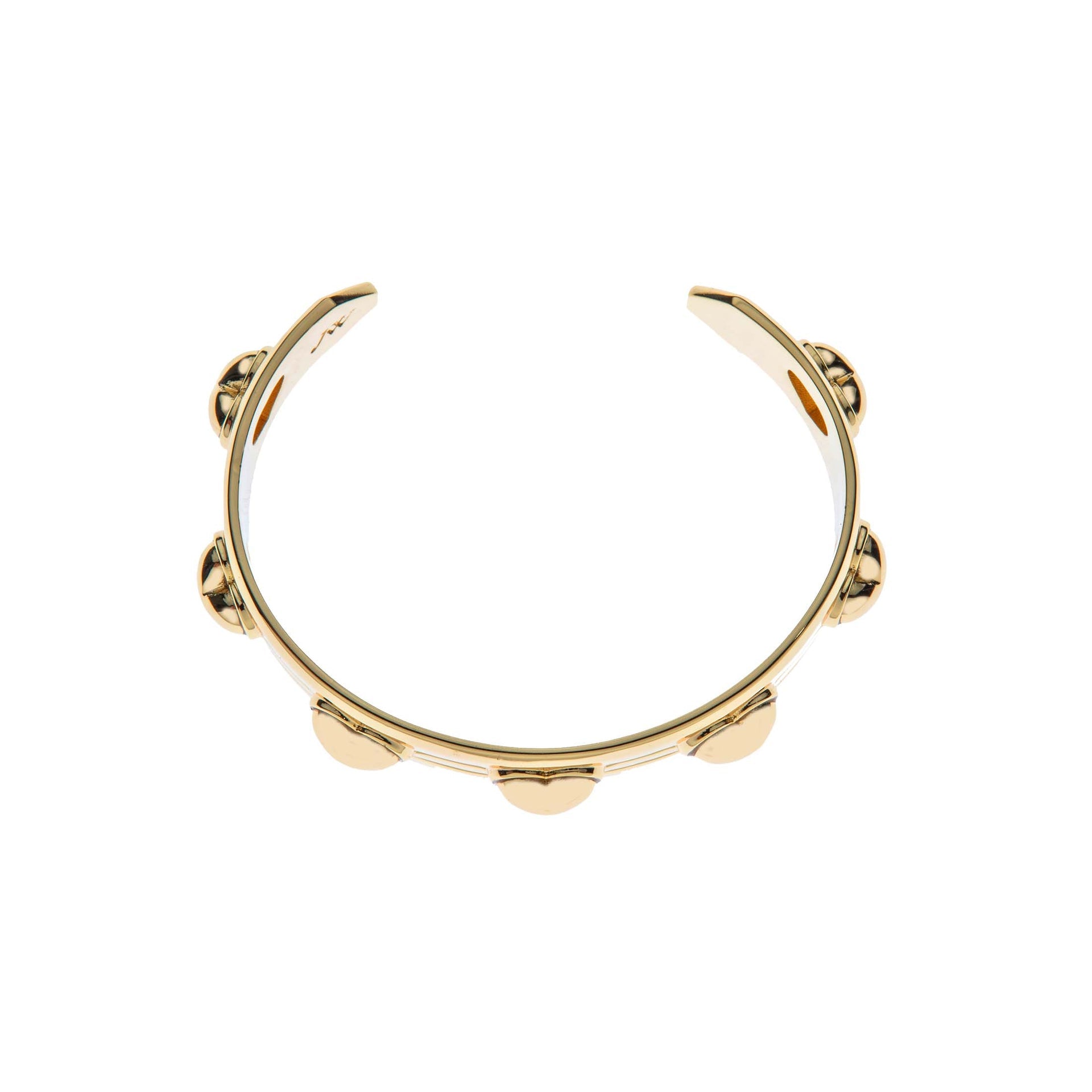 The Jane Win Love Set in Stone Heart Cuff is a gold open cuff bracelet adorned with evenly spaced rounded studs, shown on a white background.