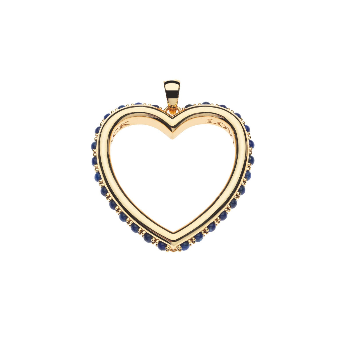 The Jane Win Love You to the Moon and Back Heart Pendant Necklace features a gold open heart with blue gemstones—an elegant way to say you care.