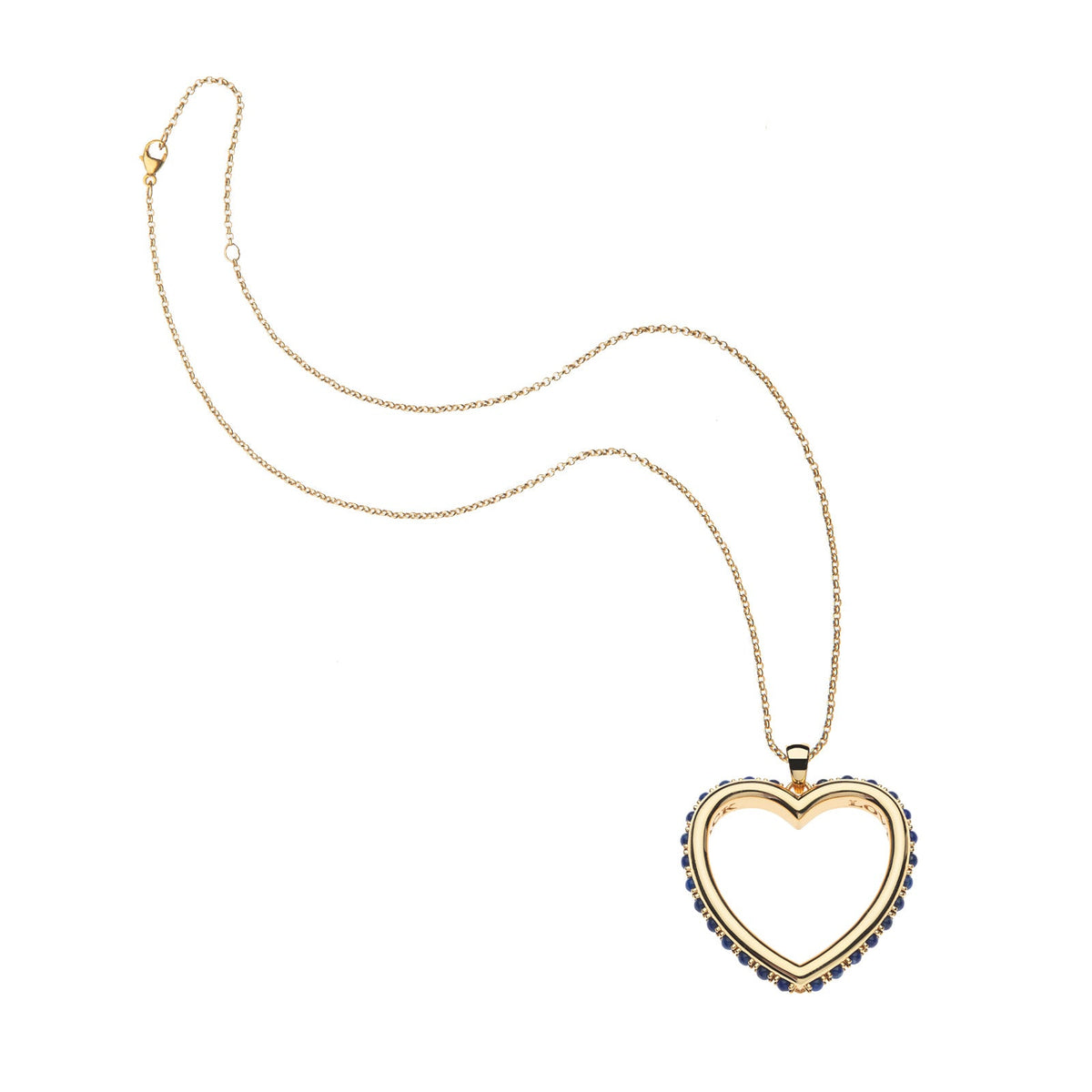 Jane Win Love You to the Moon and Back Heart Pendant Necklace: gold open heart with thin chain, large pendant outlined in blue stones, shown on white background.