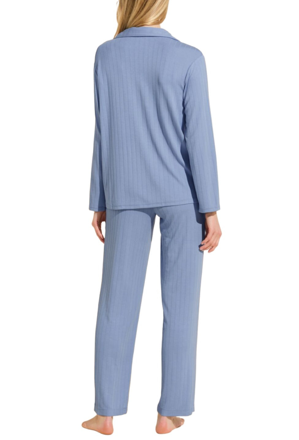 Rear view of a woman wearing a light blue striped *Eberjey Gisele Rib Long PJ Set* pajama set, standing barefoot.