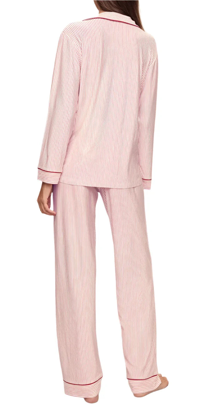 The Eberjey Gisele Printed Long PJ Set, featuring men's pajamas with pink and white stripes crafted from luxurious TENCEL™ Modal fabric, is shown from the back.