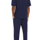 A person stands barefoot, facing away, wearing the Eberjey Henry Long PJ Set in dark blue, featuring a short-sleeve shirt and matching pants with an elastic waistband.