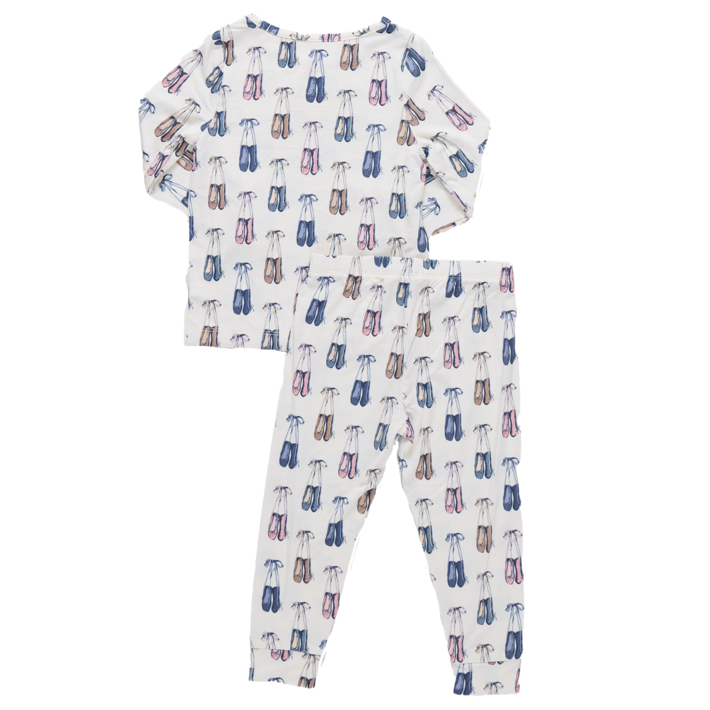 The Pink Chicken Kids' Bamboo PJ Set features long sleeves and a ballet shoe pattern in blue, pink, and purple on white. Made from soft bamboo for cozy nights, these pajamas combine style and comfort for bedtime.