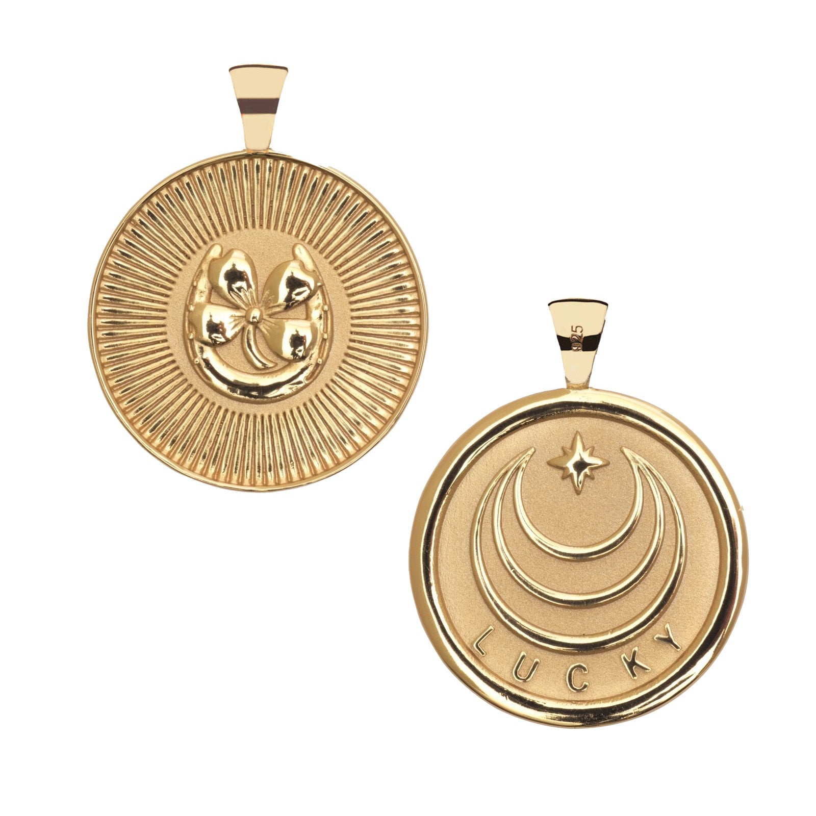 The Jane Win Pendant Necklace Collection features two round gold pendants—one with a four-leaf clover, the other with crescent moons, a star, and "LUCKY"—perfect milestone jewelry for meaningful gifting.