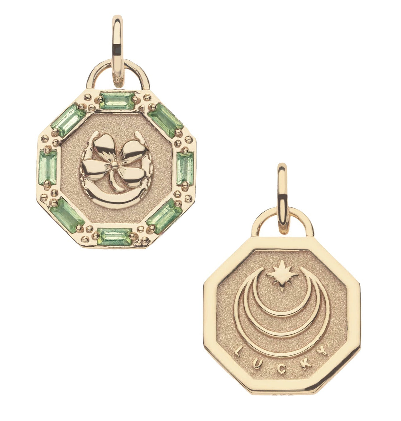 The Jane Win Pendant Necklace Collection features two gold octagonal coin pendants: one with a four-leaf clover and green gemstones, the other with crescent moons, a star, and "LUCKY"—a meaningful gift for any milestone.