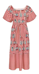 The Lucy Dress by Hunter Bell NYC is a red and white striped midi with short sleeves, a belted waist, and black and white floral motifs for a playful preppy style.