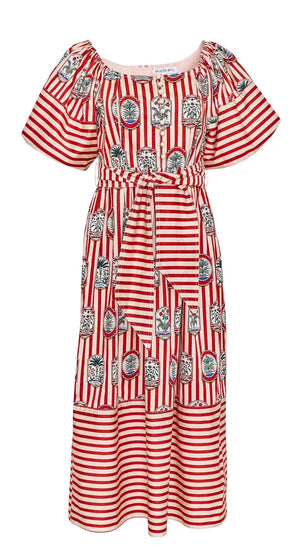 The Lucy Dress by Hunter Bell NYC is a red and white striped midi with short sleeves, a belted waist, and black and white floral motifs for a playful preppy style.