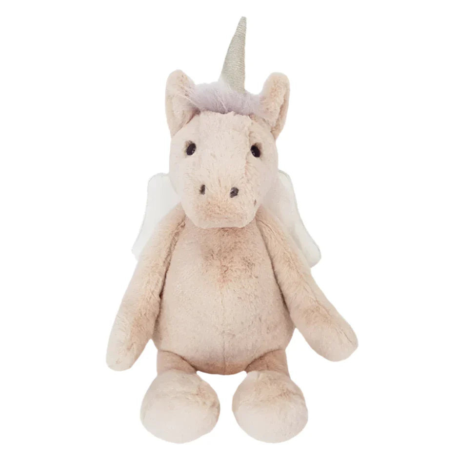 The MON AMI Luna Unicorn Fairy by Mon Ami features a cream-colored body, a silver horn, and small wings, making it an ideal stuffed animal and perfect gift for toddlers. It sits upright on a plain white background—a cozy unicorn plush toy indeed.