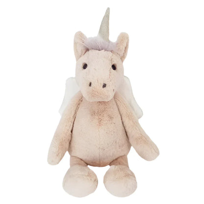 The MON AMI Luna Unicorn Fairy by Mon Ami features a cream-colored body, a silver horn, and small wings, making it an ideal stuffed animal and perfect gift for toddlers. It sits upright on a plain white background—a cozy unicorn plush toy indeed.