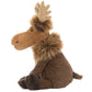 Profile view of a Jellycat Birchly Moose plush toy with a fuzzy brown body, a thick neck ruff, and light-colored antlers.