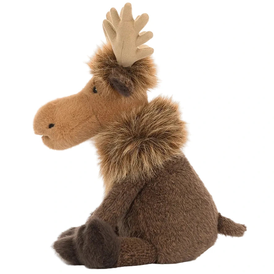 Profile view of a Jellycat Birchly Moose plush toy with a fuzzy brown body, a thick neck ruff, and light-colored antlers.