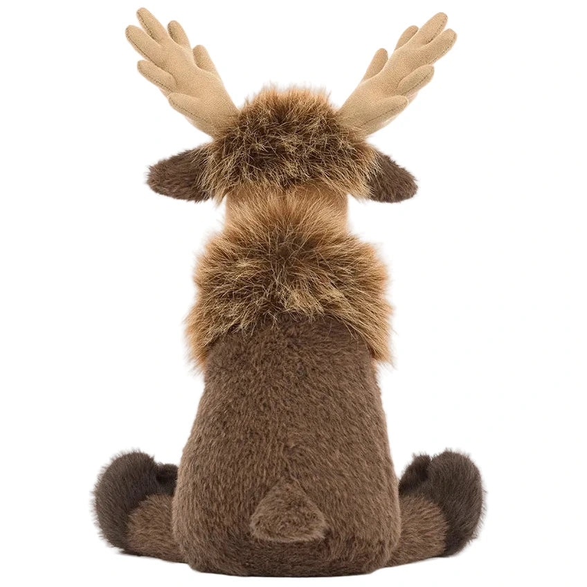 Back view of a seated Jellycat Birchly Moose plush toy with tan antlers and a fuzzy mane.