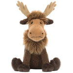 A seated Jellycat Birchly Moose plush toy with light brown felt antlers and a dark brown shaggy ruff around its neck.