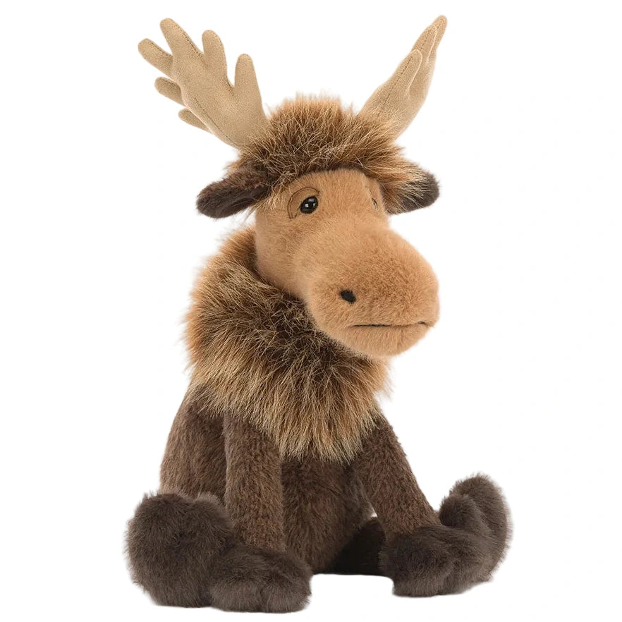 A Jellycat Birchly Moose plush toy in a sitting position, featuring tan antlers and a fuzzy brown mane.