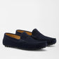 Peter Millar Suffolk Suede Drivers in navy blue Italian suede, featuring a penny keeper strap and a studded rubber outsole.