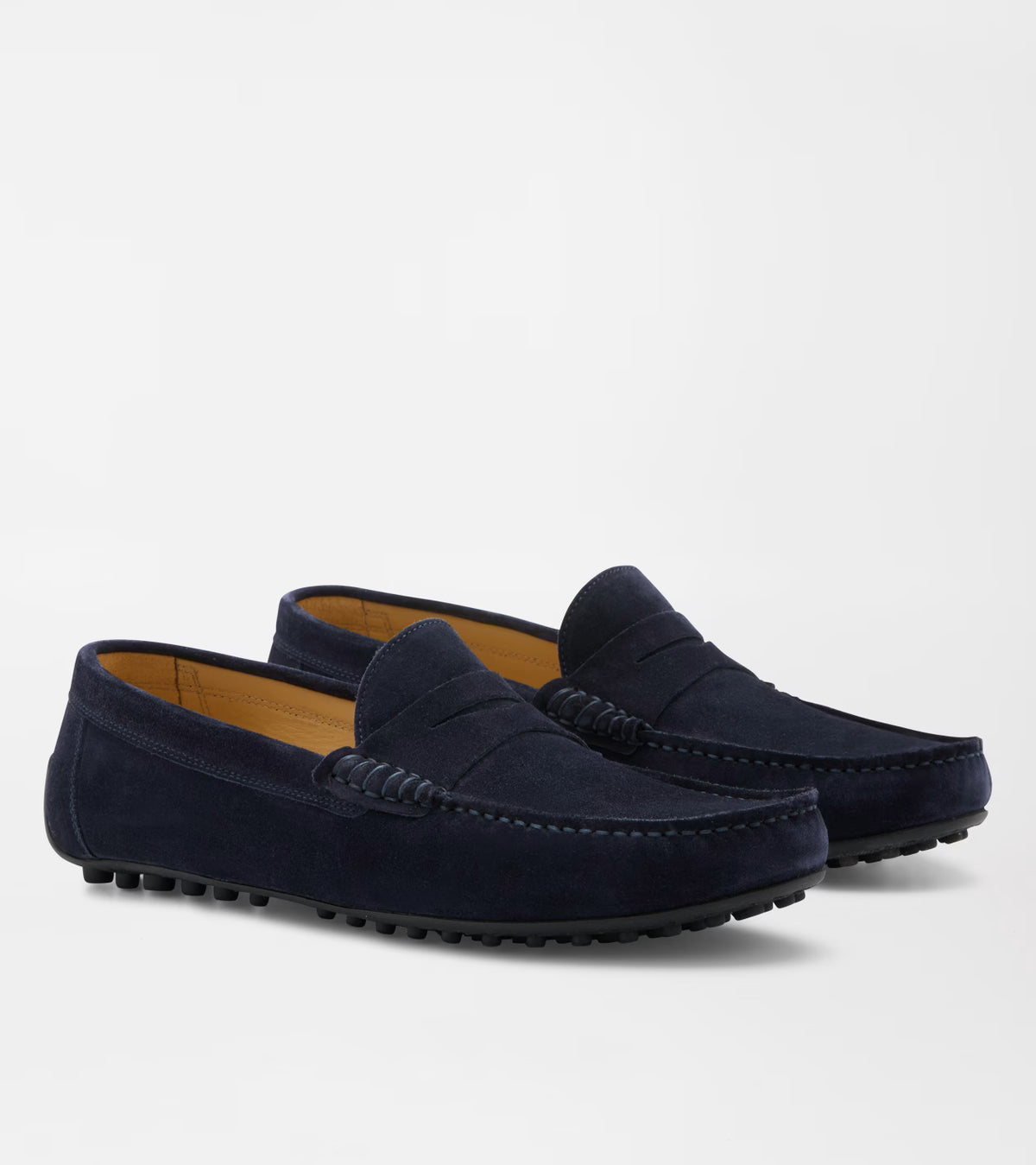 Peter Millar Suffolk Suede Drivers in navy blue Italian suede, featuring a penny keeper strap and a studded rubber outsole.