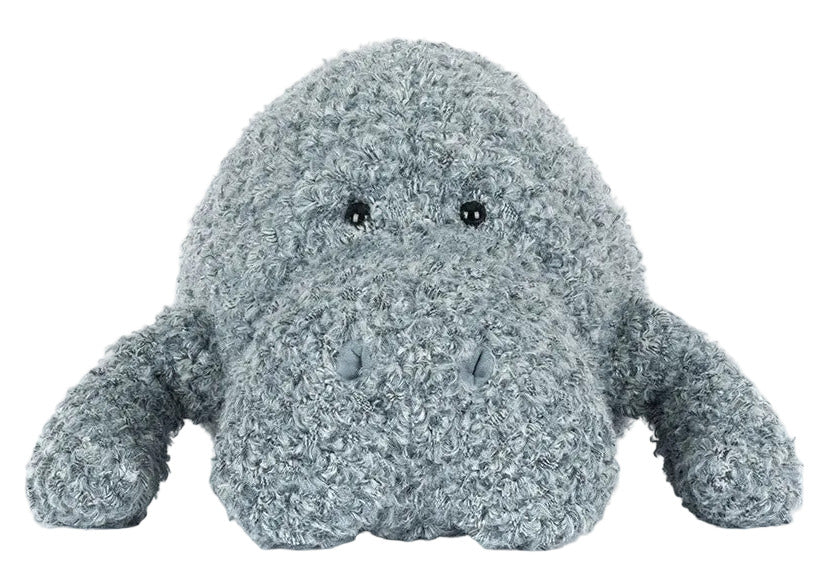 The Jellycat Maffles Manatee is a gray, textured stuffed toy with large front legs and small black eyes, shown facing forward against a white background.