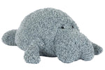 The Jellycat Maffles Manatee is a gray, plush stuffed animal that makes a whimsical gift for candle enthusiasts, pictured lying flat on a white background.