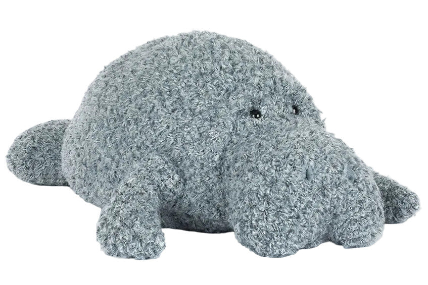 The Jellycat Maffles Manatee is a gray, plush stuffed animal that makes a whimsical gift for candle enthusiasts, pictured lying flat on a white background.