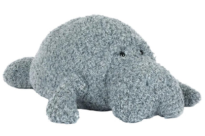 The Jellycat Maffles Manatee is a gray, plush stuffed animal that makes a whimsical gift for candle enthusiasts, pictured lying flat on a white background.
