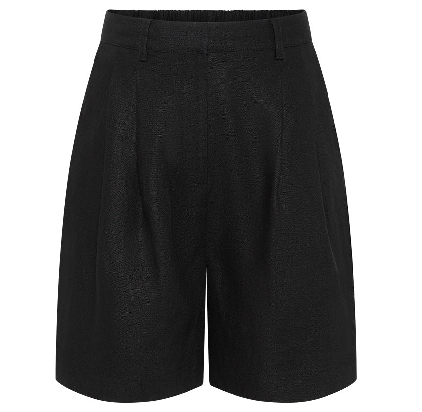 The Marchello Short by POSSE is a black, high-waisted Bermuda-style short featuring belt loops, front pleats, and a straight hem, displayed against a white background.
