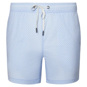The Onia Charles 5" Swim Trunk features a light blue hue with subtle geometric pattern, tailored fit, quick-dry fabric, elastic waistband, white drawstring with metal tips—all displayed on a plain background.