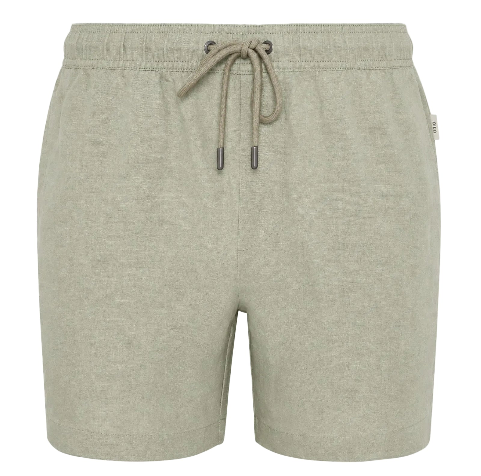 The Onia Air Linen Pull-On Short for men features a light khaki color, stretch waist, drawstring closure, and side pockets, shown against a white background.