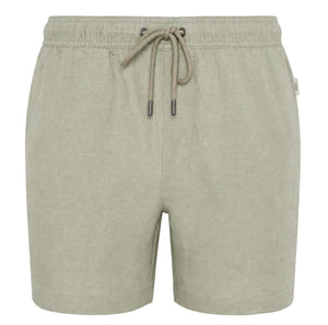 The Onia Air Linen Pull-On Short for men features a light khaki color, stretch waist, drawstring closure, and side pockets, shown against a white background.