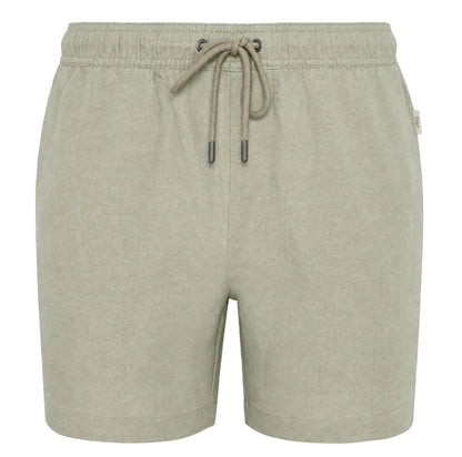 The Onia Air Linen Pull-On Short for men features a light khaki color, stretch waist, drawstring closure, and side pockets, shown against a white background.