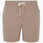 The Onia Land to Water Short 6" in taupe features an elastic waistband, white drawstring, four-way stretch fabric, and a small side tag, displayed against a white background.