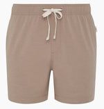 The Onia Land to Water Short 6" in taupe features an elastic waistband, white drawstring, four-way stretch fabric, and a small side tag, displayed against a white background.