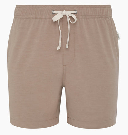 The Onia Land to Water Short 6" in taupe features an elastic waistband, white drawstring, four-way stretch fabric, and a small side tag, displayed against a white background.
