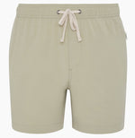 The Onia Land to Water Short 6" in light beige features an elastic waistband, front tie, straight hem, and four-way stretch for comfort. Shown on a plain white background.