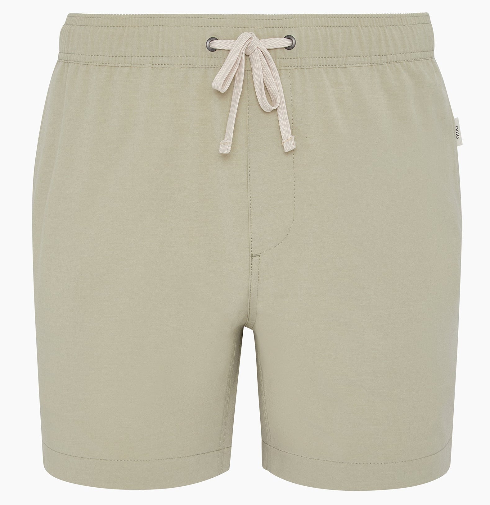 The Onia Land to Water Short 6" in light beige features an elastic waistband, front tie, straight hem, and four-way stretch for comfort. Shown on a plain white background.
