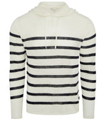 The Frank Hooded Sweater by Onia features a white breathable knit with black stripes, long sleeves, and a drawstring neckline—ideal for layering on cooler days.
