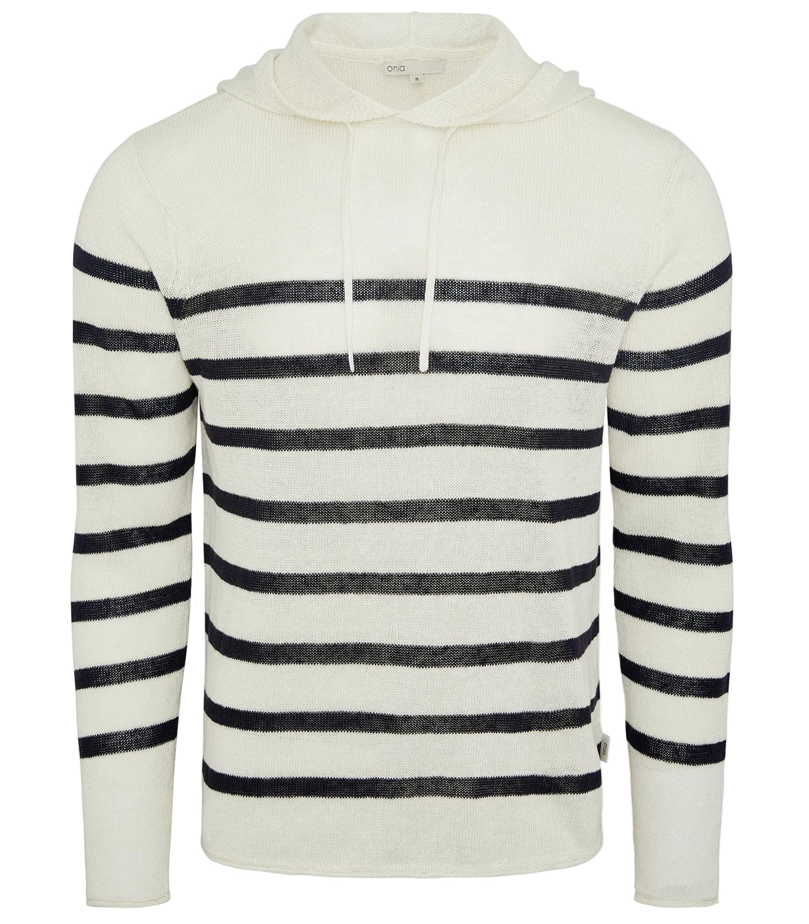 The Frank Hooded Sweater by Onia features a white breathable knit with black stripes, long sleeves, and a drawstring neckline—ideal for layering on cooler days.