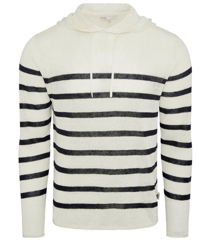 The Frank Hooded Sweater by Onia features a white breathable knit with black stripes, long sleeves, and a drawstring neckline—ideal for layering on cooler days.