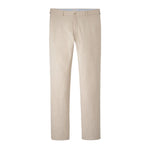 The Charlotte Performance Trouser by Peter Millar is a beige, straight-leg dress pant with belt loops, button closure, and a plain front, made from stretch mélange fabric. Shown on a white background.