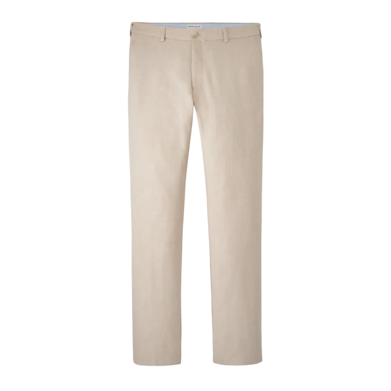 The Charlotte Performance Trouser by Peter Millar is a beige, straight-leg dress pant with belt loops, button closure, and a plain front, made from stretch mélange fabric. Shown on a white background.