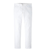 A pair of Peter Millar eb66 Performance Five-Pocket Pants in white, featuring a straight-leg cut and four-way stretch, displayed against a plain white background.