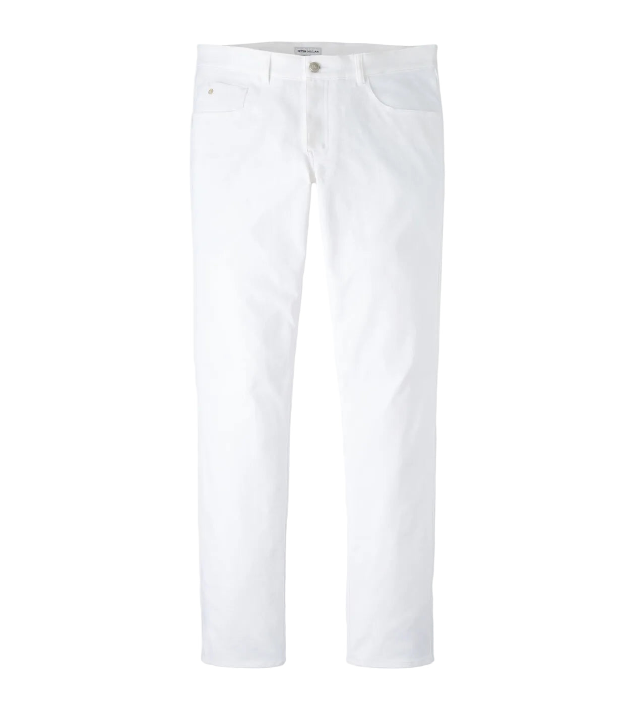 A pair of Peter Millar eb66 Performance Five-Pocket Pants in white, featuring a straight-leg cut and four-way stretch, displayed against a plain white background.