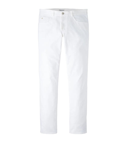 A pair of Peter Millar eb66 Performance Five-Pocket Pants in white, featuring a straight-leg cut and four-way stretch, displayed against a plain white background.