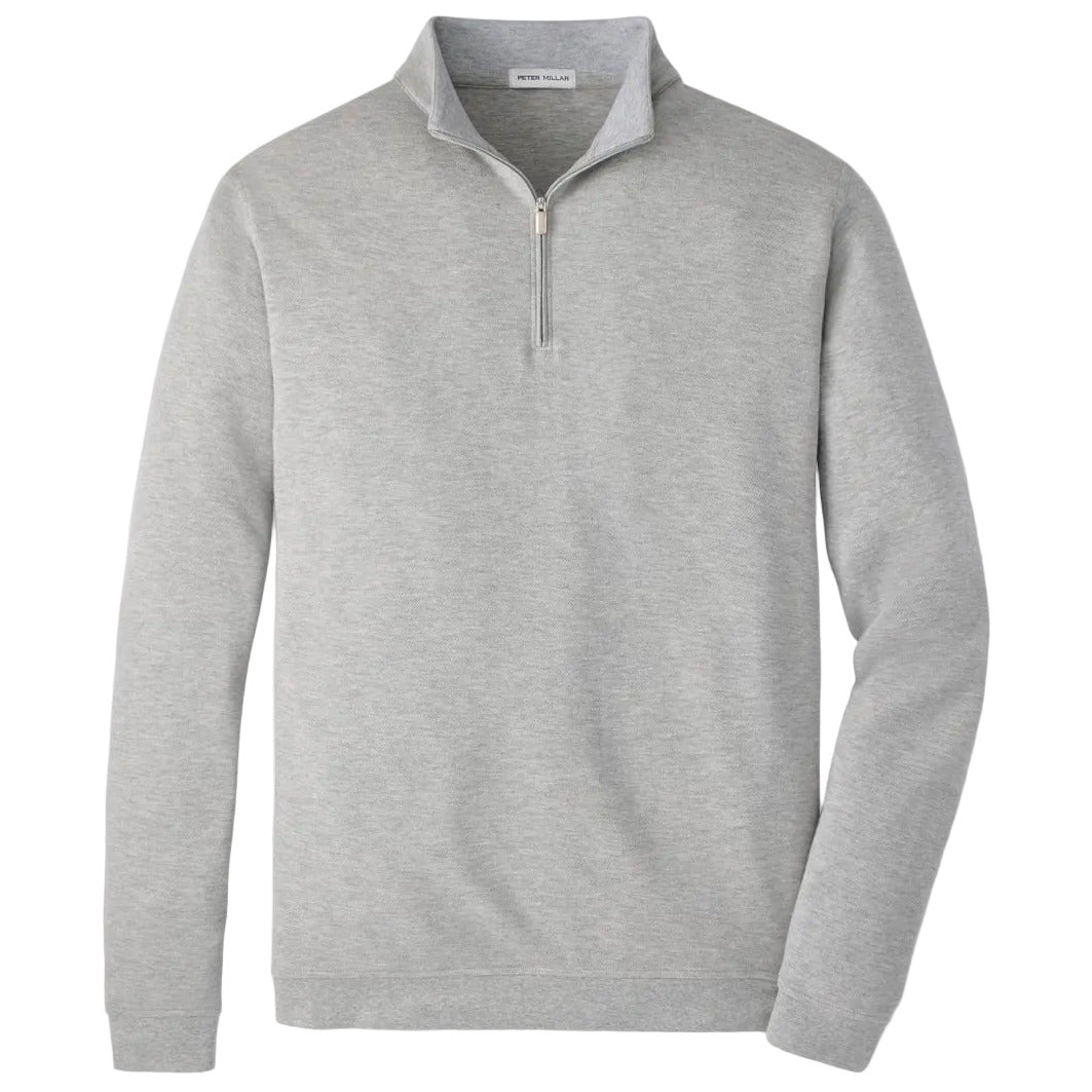 The Peter Millar Crown Comfort Pullover is a light gray, long-sleeve quarter-zip with a standing collar, crafted from soft knit fabric for sweatshirt-like comfort and shown against a plain white background.