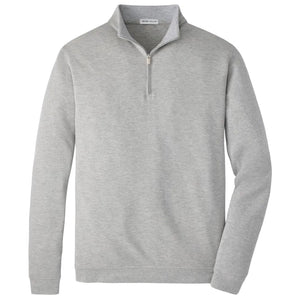 The Peter Millar Crown Comfort Pullover is a light gray, long-sleeve quarter-zip with a standing collar, crafted from soft knit fabric for sweatshirt-like comfort and shown against a plain white background.