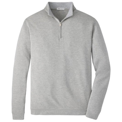 The Peter Millar Crown Comfort Pullover is a light gray, long-sleeve quarter-zip with a standing collar, crafted from soft knit fabric for sweatshirt-like comfort and shown against a plain white background.