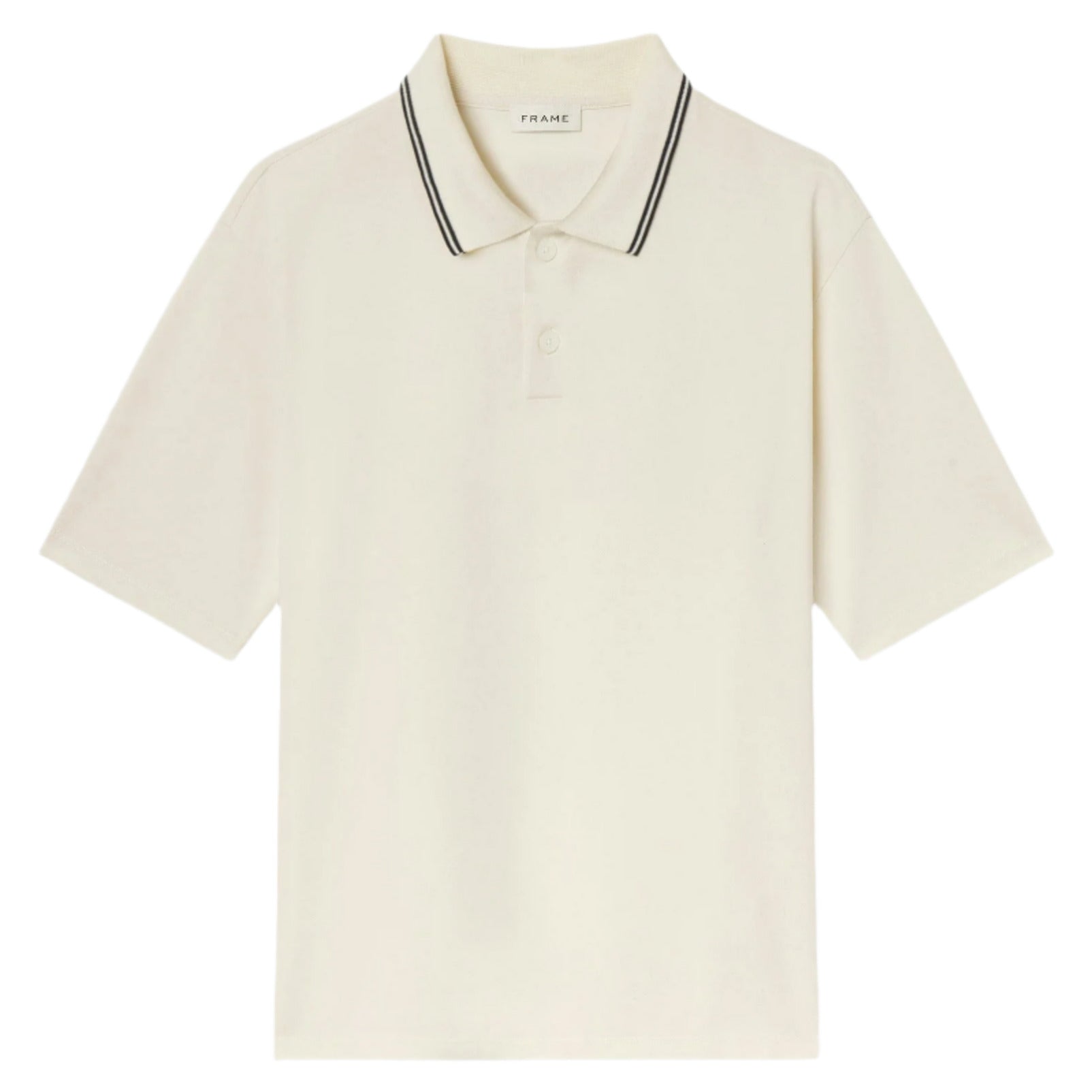 The Frame Light Pique Polo is a short-sleeve cream shirt crafted from cotton piqué, featuring a two-button placket and a collar with black double stripes—an everyday essential for any wardrobe.